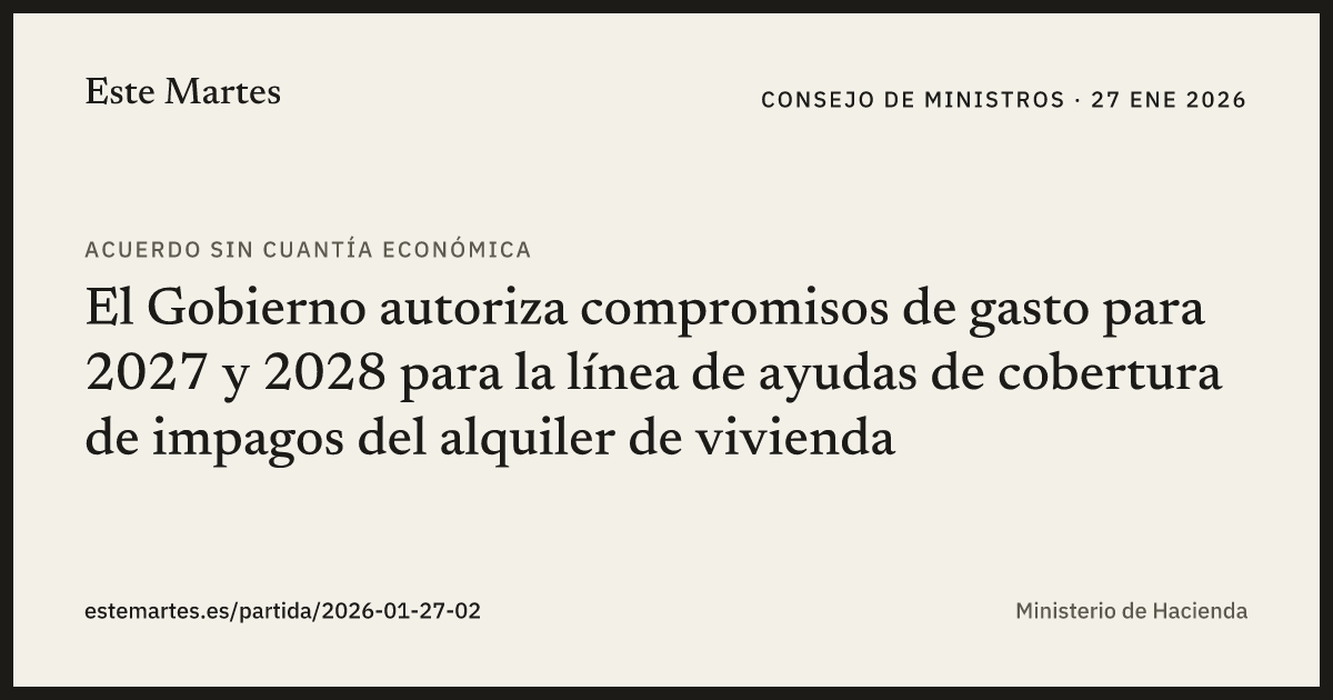 Tarjeta: El Gobierno autoriza compromisos de gasto para 2027 y 2028 para la línea de ayudas de cobertura de impagos del alquiler de vivienda