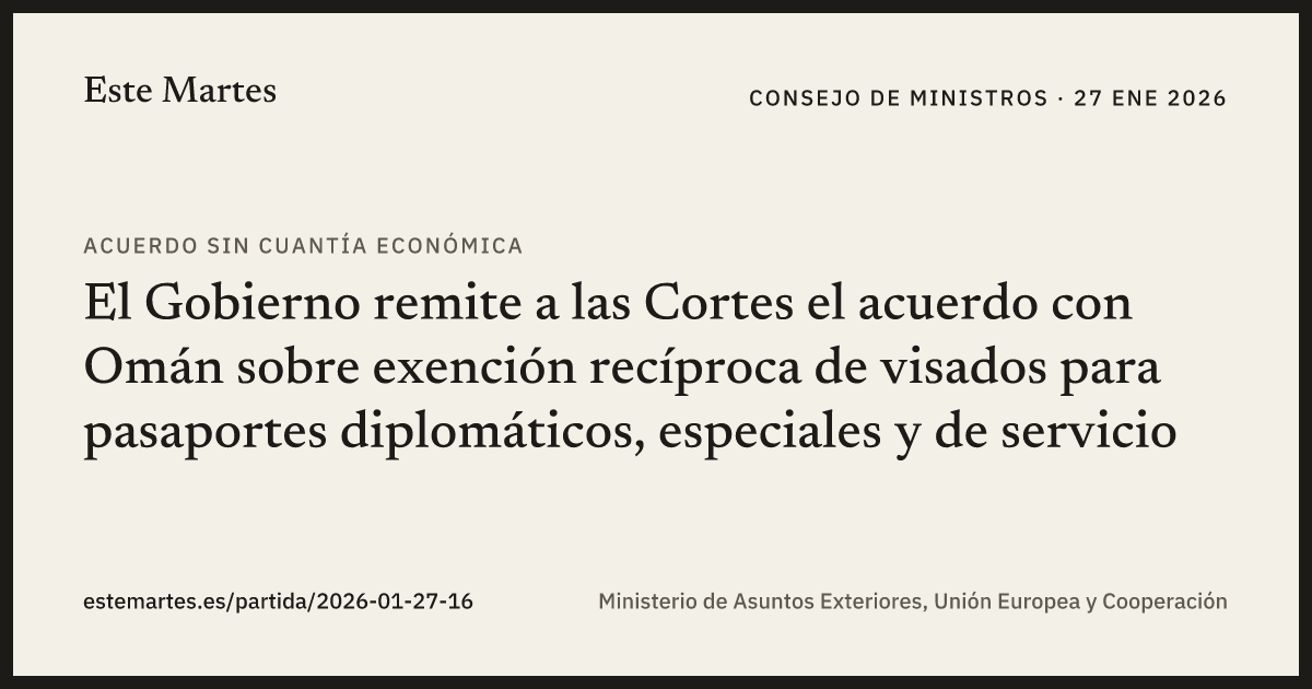 Tarjeta: El Gobierno remite a las Cortes el acuerdo con Omán sobre exención recíproca de visados para pasaportes diplomáticos, especiales y de servicio