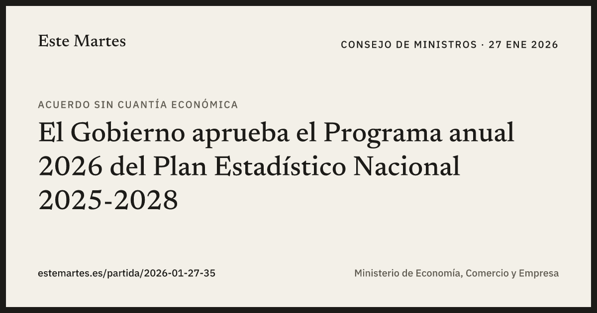 Tarjeta: El Gobierno aprueba el Programa anual 2026 del Plan Estadístico Nacional 2025-2028