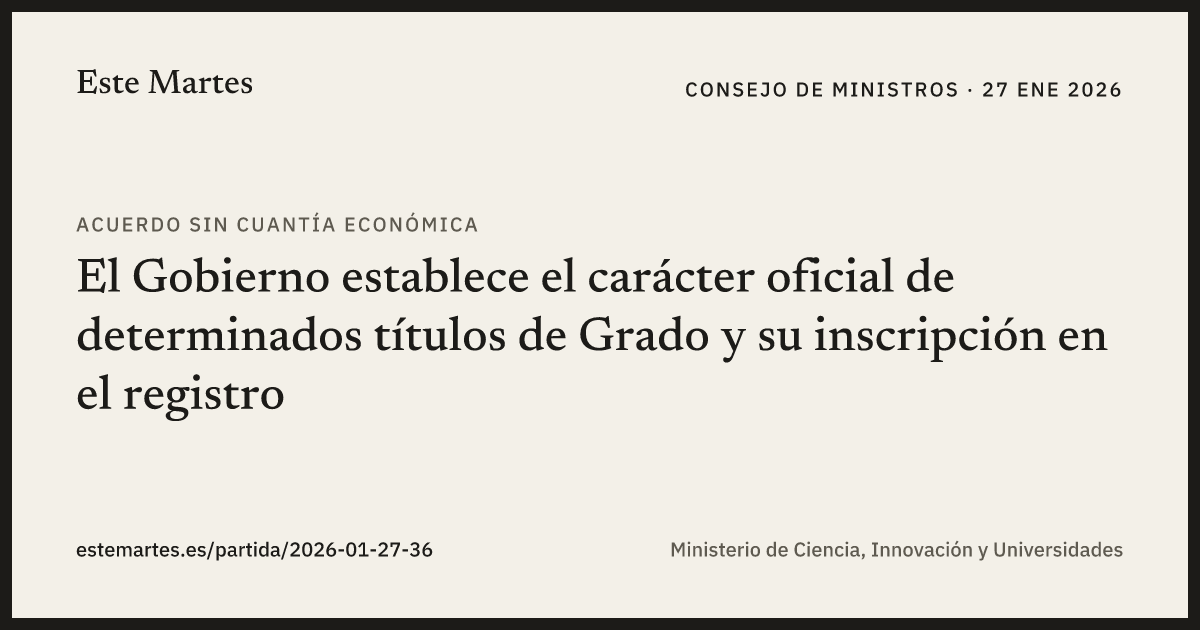 Tarjeta: El Gobierno establece el carácter oficial de determinados títulos de Grado y su inscripción en el registro