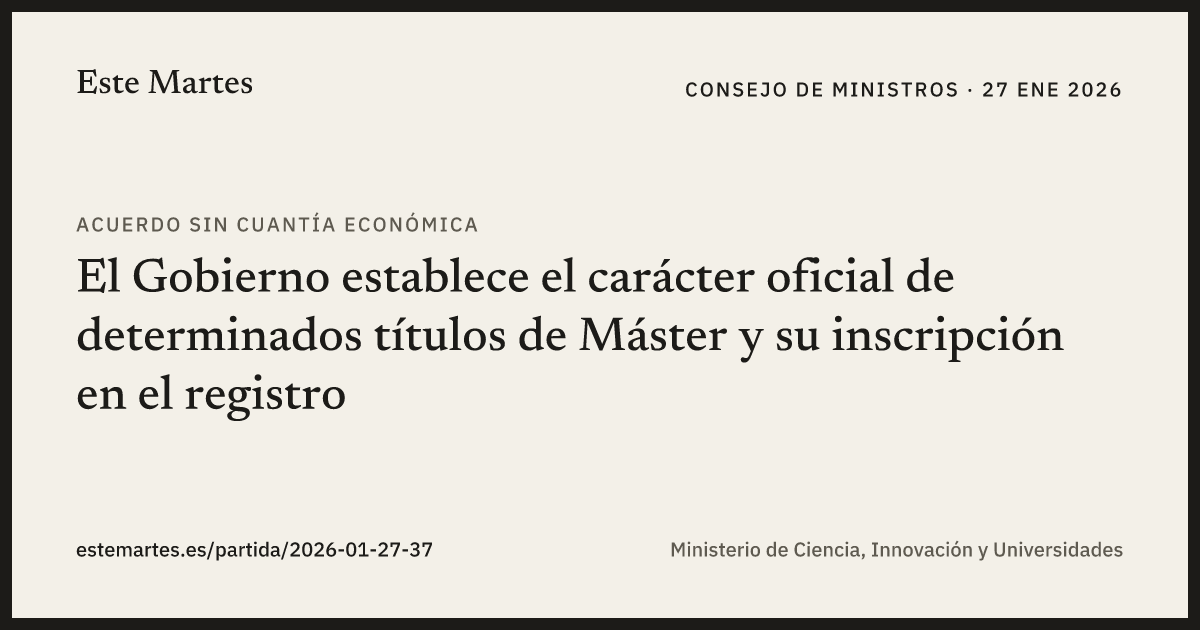 Tarjeta: El Gobierno establece el carácter oficial de determinados títulos de Máster y su inscripción en el registro