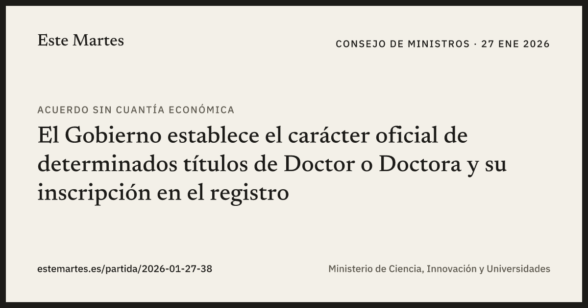 Tarjeta: El Gobierno establece el carácter oficial de determinados títulos de Doctor o Doctora y su inscripción en el registro