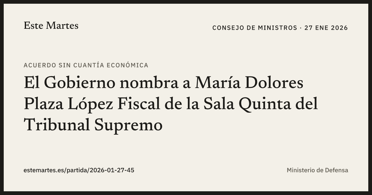Tarjeta: El Gobierno nombra a María Dolores Plaza López Fiscal de la Sala Quinta del Tribunal Supremo