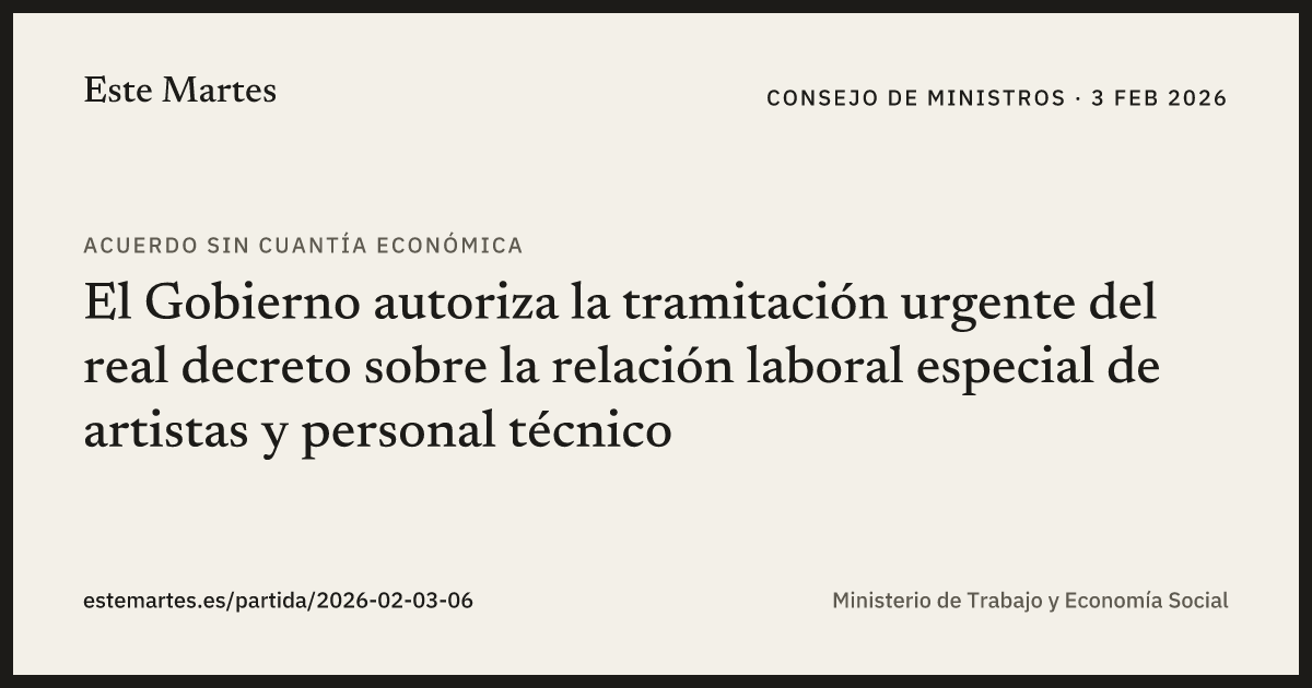 Tarjeta: El Gobierno autoriza la tramitación urgente del real decreto sobre la relación laboral especial de artistas y personal técnico