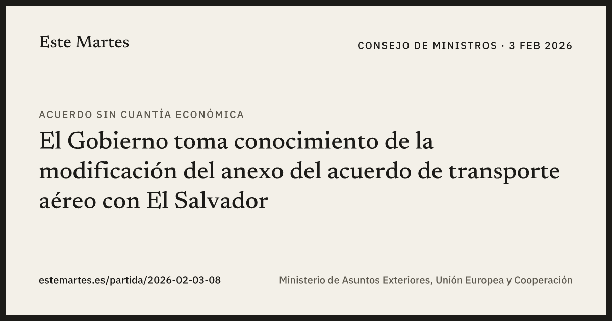 Tarjeta: El Gobierno toma conocimiento de la modificación del anexo del acuerdo de transporte aéreo con El Salvador