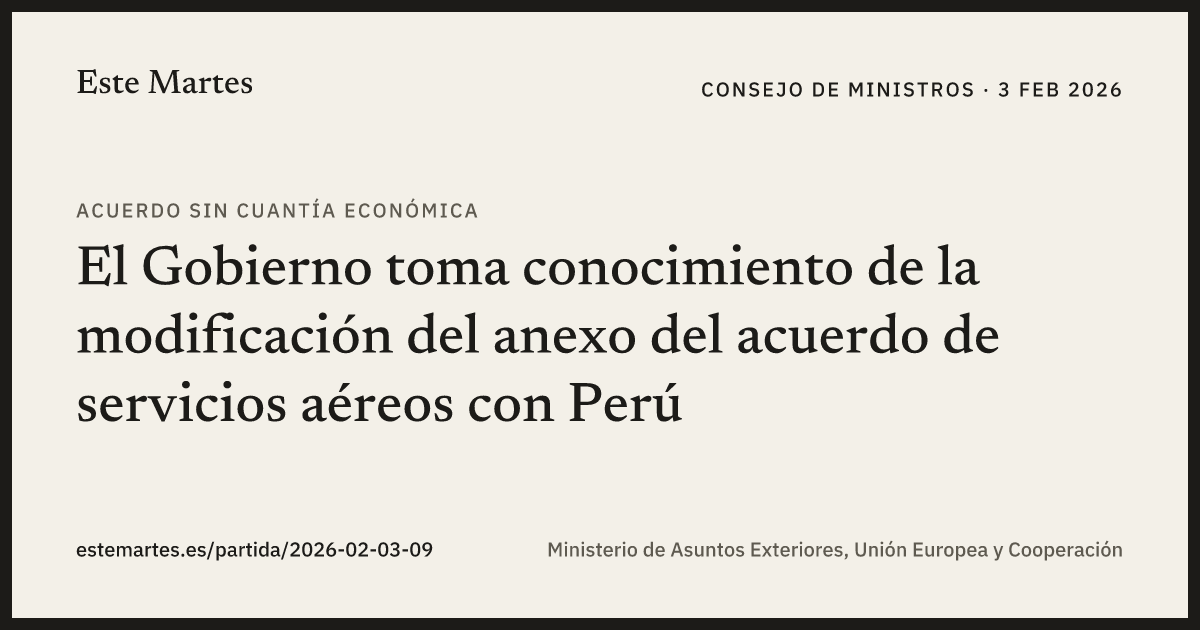 Tarjeta: El Gobierno toma conocimiento de la modificación del anexo del acuerdo de servicios aéreos con Perú