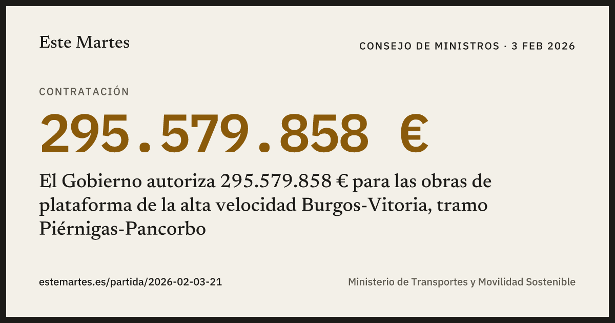 Tarjeta: El Gobierno autoriza 295.579.858 € para las obras de plataforma de la alta velocidad Burgos-Vitoria, tramo Piérnigas-Pancorbo