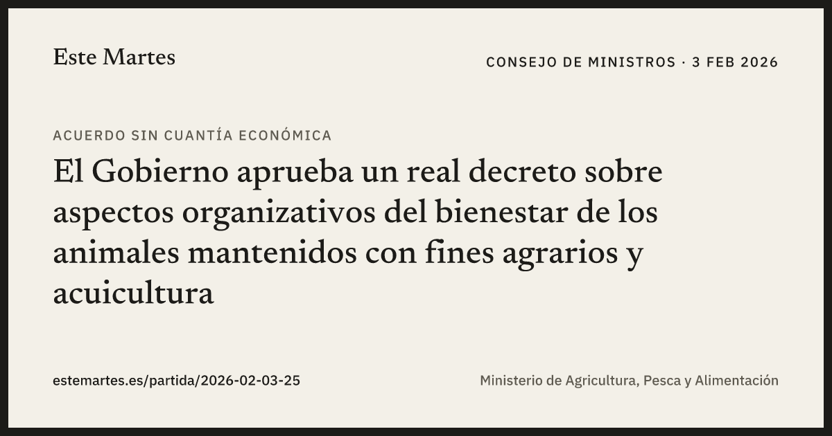Tarjeta: El Gobierno aprueba un real decreto sobre aspectos organizativos del bienestar de los animales mantenidos con fines agrarios y acuicultura