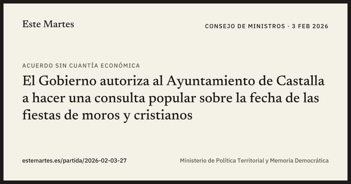 Tarjeta: El Gobierno autoriza al Ayuntamiento de Castalla a hacer una consulta popular sobre la fecha de las fiestas de moros y cristianos