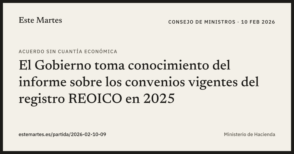 Tarjeta: El Gobierno toma conocimiento del informe sobre los convenios vigentes del registro REOICO en 2025