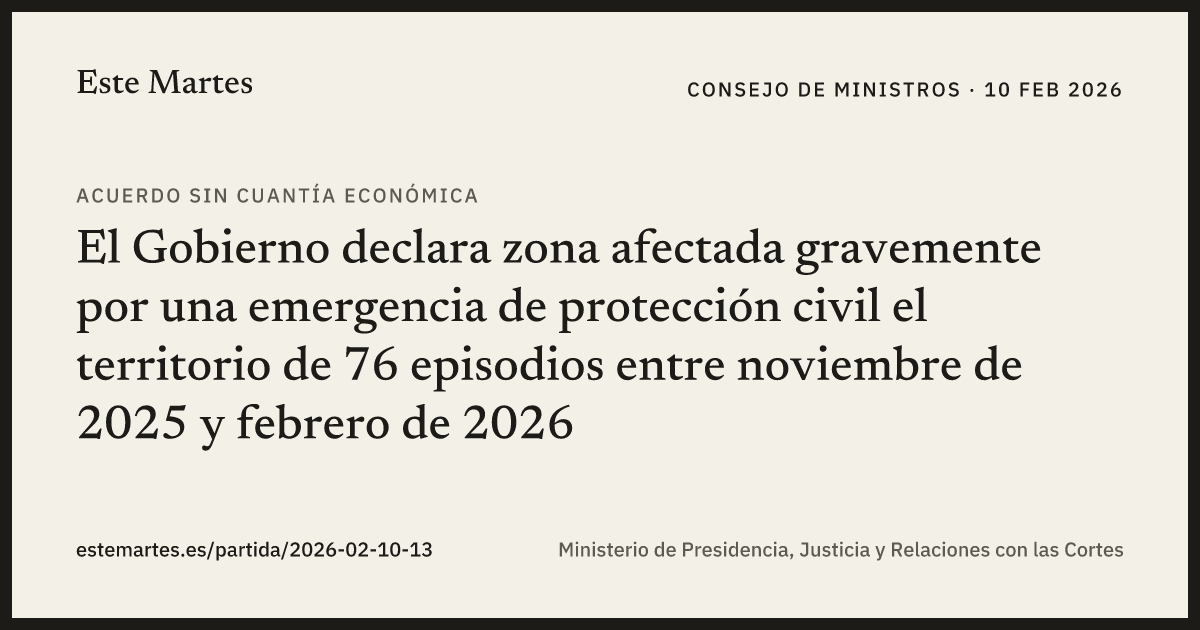 Tarjeta: El Gobierno declara zona afectada gravemente por una emergencia de protección civil el territorio de 76 episodios entre noviembre de 2025 y febrero de 2026
