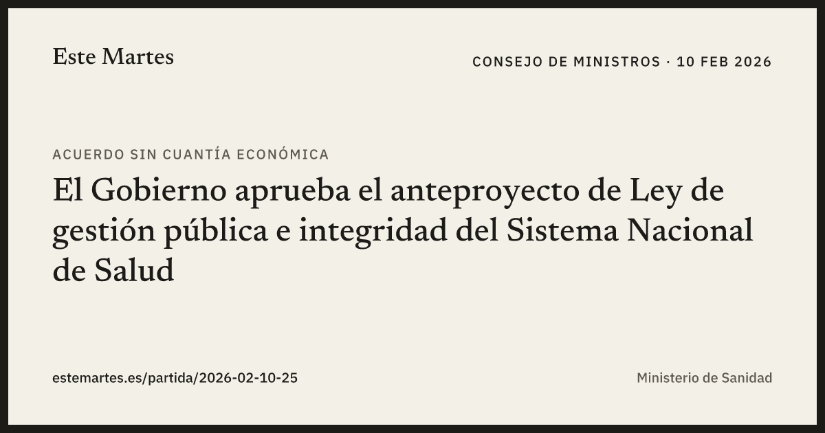 Tarjeta: El Gobierno aprueba el anteproyecto de Ley de gestión pública e integridad del Sistema Nacional de Salud