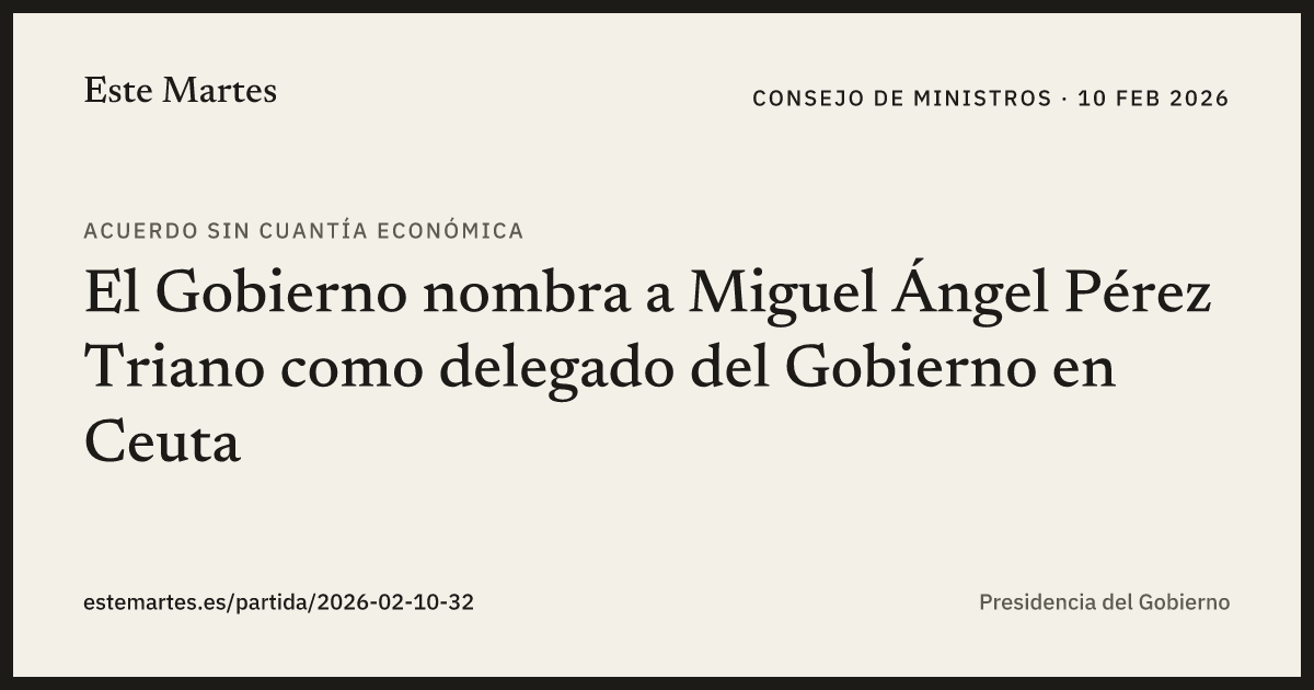 Tarjeta: El Gobierno nombra a Miguel Ángel Pérez Triano como delegado del Gobierno en Ceuta