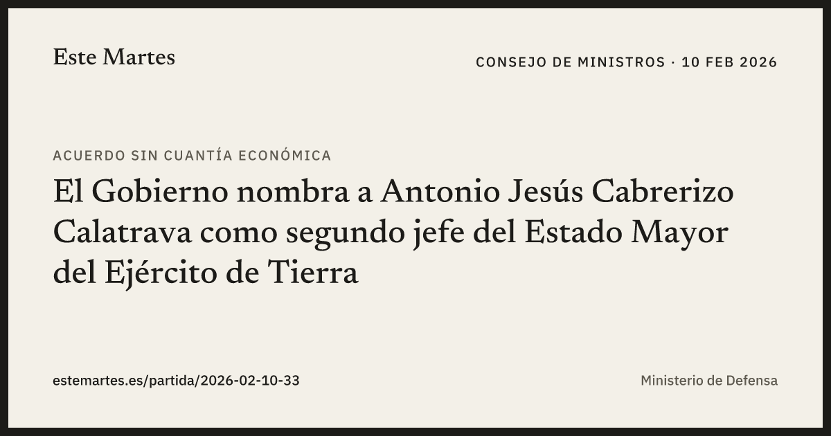 Tarjeta: El Gobierno nombra a Antonio Jesús Cabrerizo Calatrava como segundo jefe del Estado Mayor del Ejército de Tierra