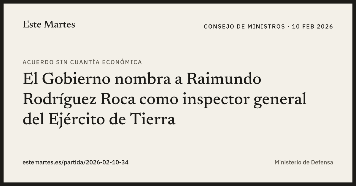 Tarjeta: El Gobierno nombra a Raimundo Rodríguez Roca como inspector general del Ejército de Tierra