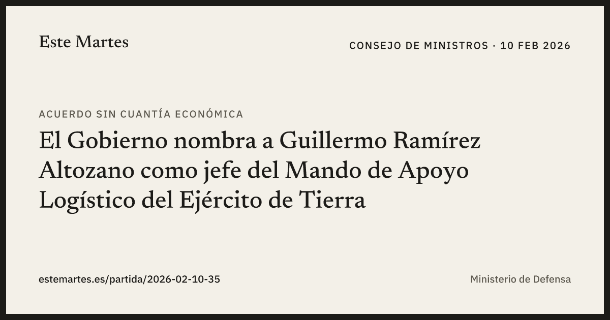 Tarjeta: El Gobierno nombra a Guillermo Ramírez Altozano como jefe del Mando de Apoyo Logístico del Ejército de Tierra
