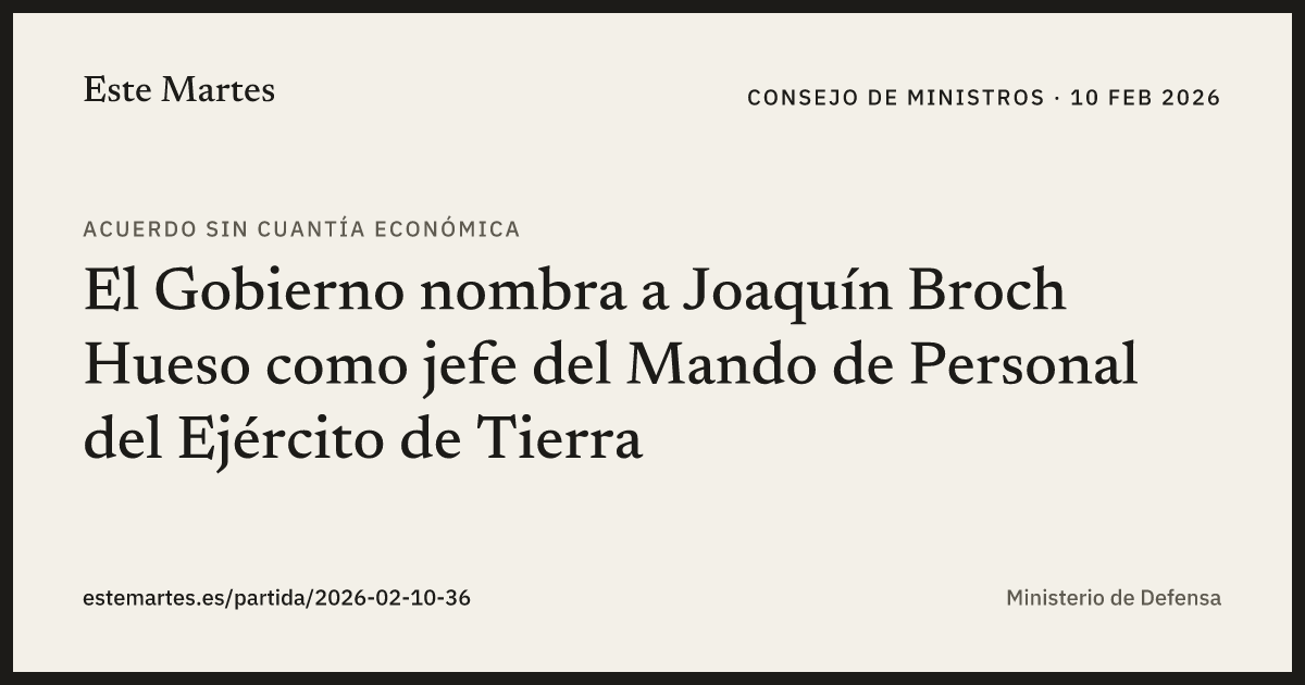 Tarjeta: El Gobierno nombra a Joaquín Broch Hueso como jefe del Mando de Personal del Ejército de Tierra