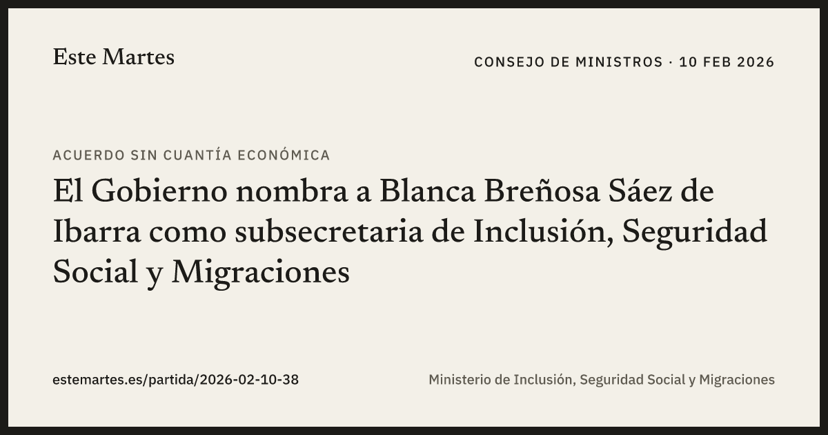 Tarjeta: El Gobierno nombra a Blanca Breñosa Sáez de Ibarra como subsecretaria de Inclusión, Seguridad Social y Migraciones