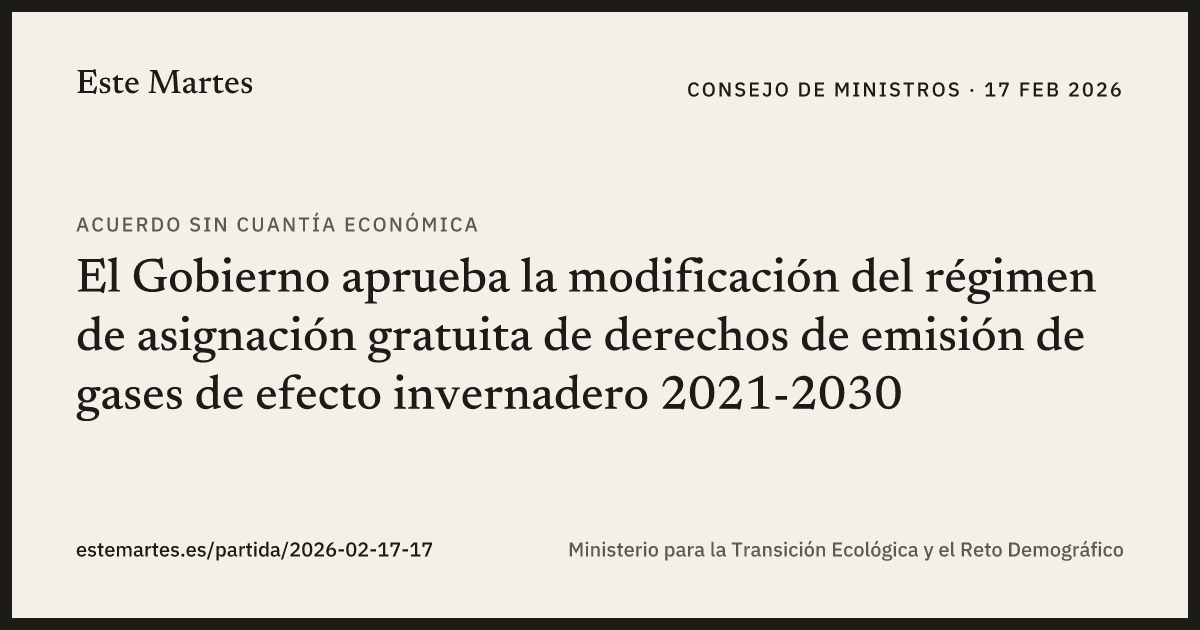 Tarjeta: El Gobierno aprueba la modificación del régimen de asignación gratuita de derechos de emisión de gases de efecto invernadero 2021-2030