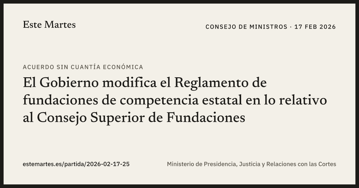Tarjeta: El Gobierno modifica el Reglamento de fundaciones de competencia estatal en lo relativo al Consejo Superior de Fundaciones