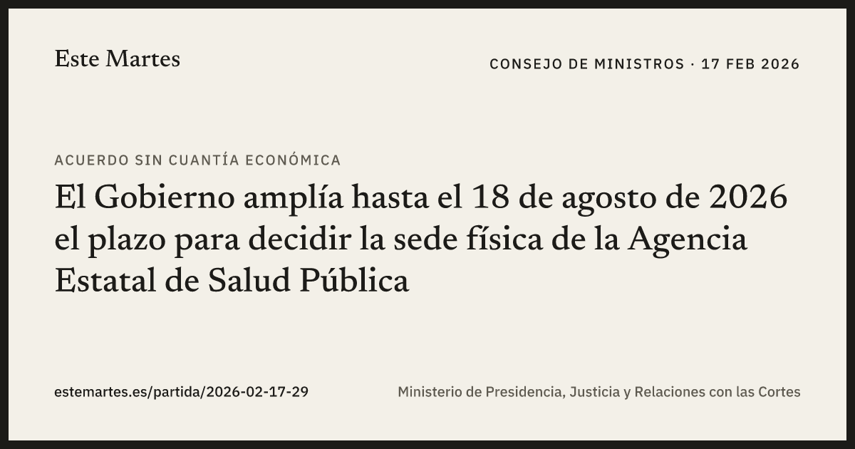 Tarjeta: El Gobierno amplía hasta el 18 de agosto de 2026 el plazo para decidir la sede física de la Agencia Estatal de Salud Pública
