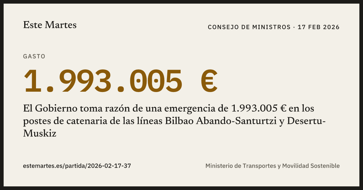 Tarjeta: El Gobierno toma razón de una emergencia de 1.993.005 € en los postes de catenaria de las líneas Bilbao Abando-Santurtzi y Desertu-Muskiz