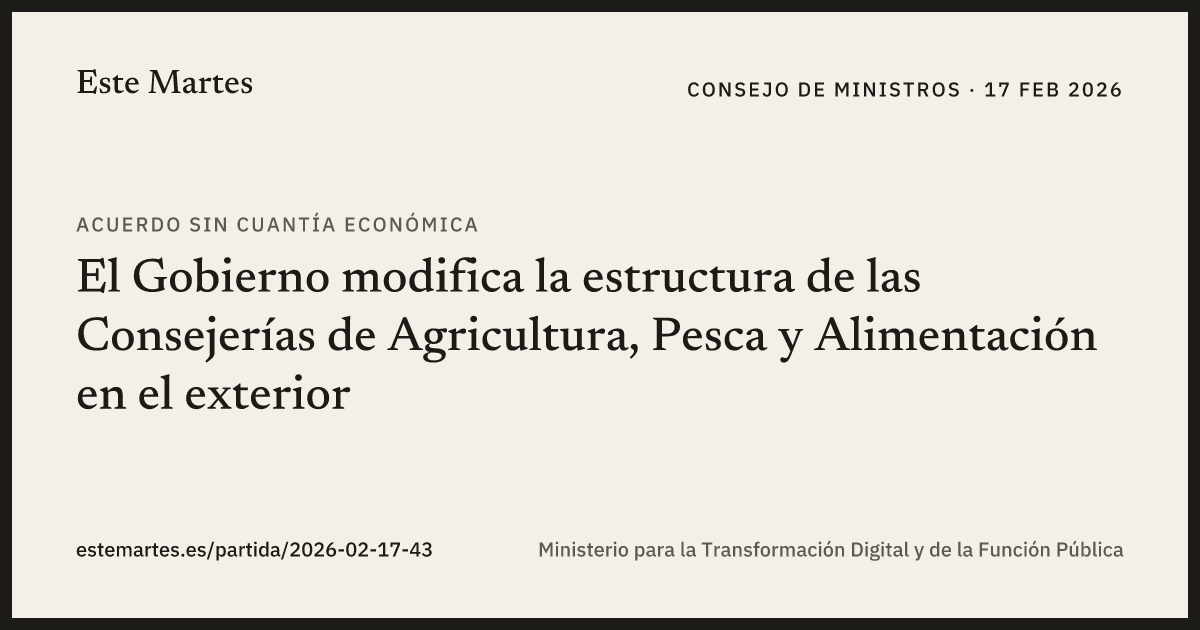 Tarjeta: El Gobierno modifica la estructura de las Consejerías de Agricultura, Pesca y Alimentación en el exterior