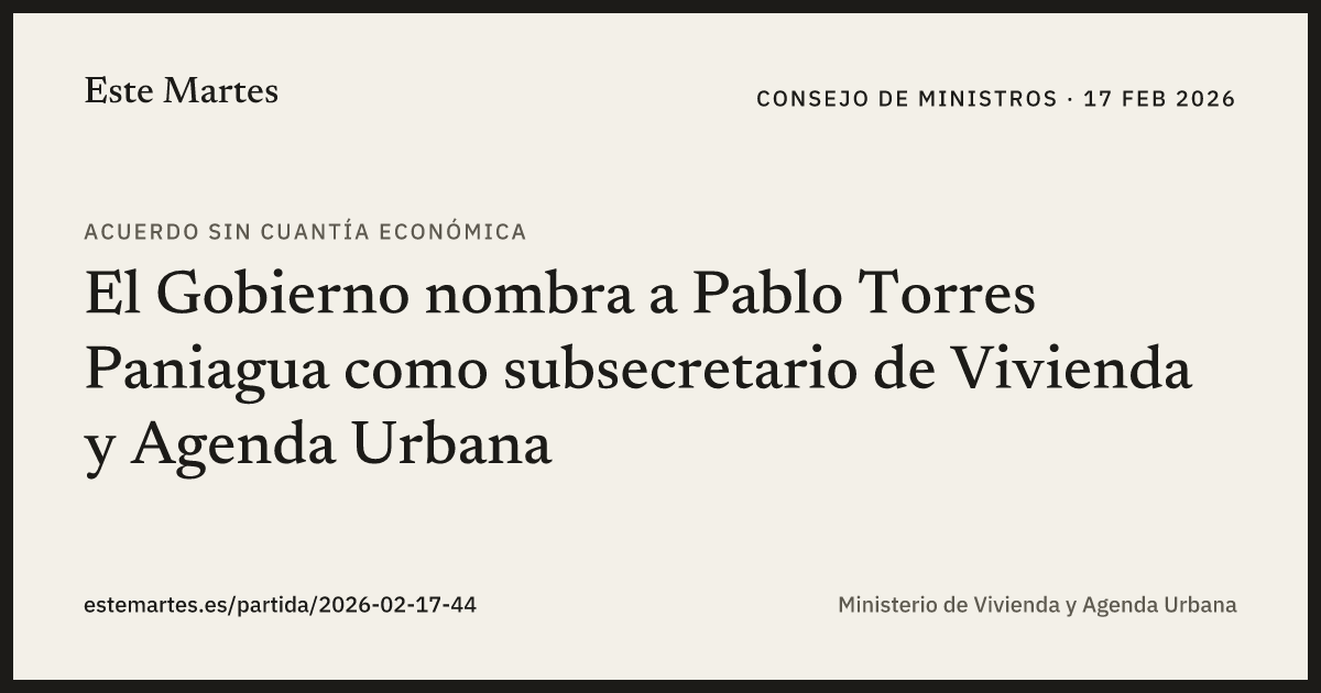 Tarjeta: El Gobierno nombra a Pablo Torres Paniagua como subsecretario de Vivienda y Agenda Urbana