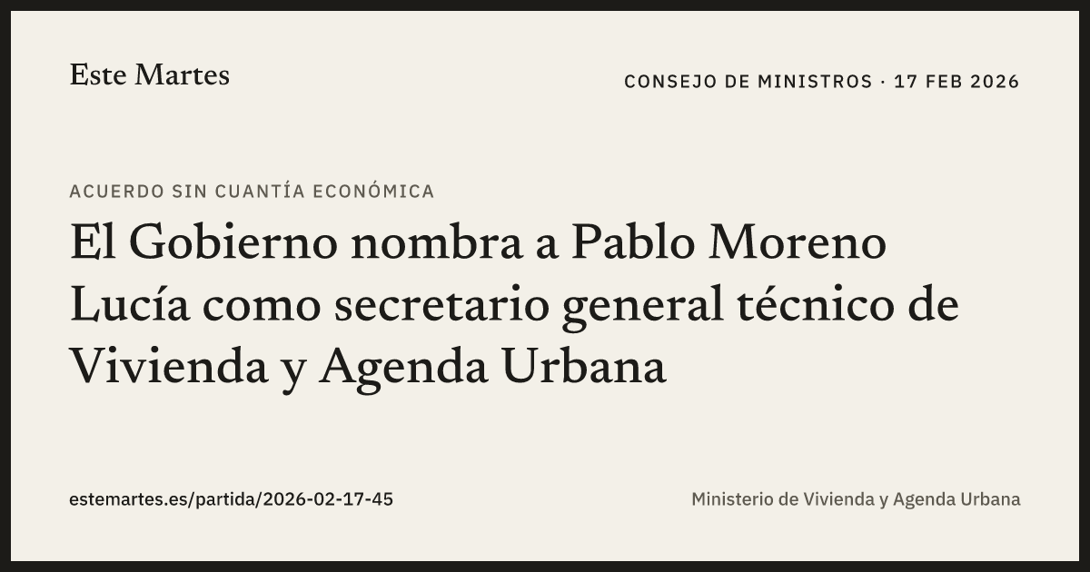 Tarjeta: El Gobierno nombra a Pablo Moreno Lucía como secretario general técnico de Vivienda y Agenda Urbana