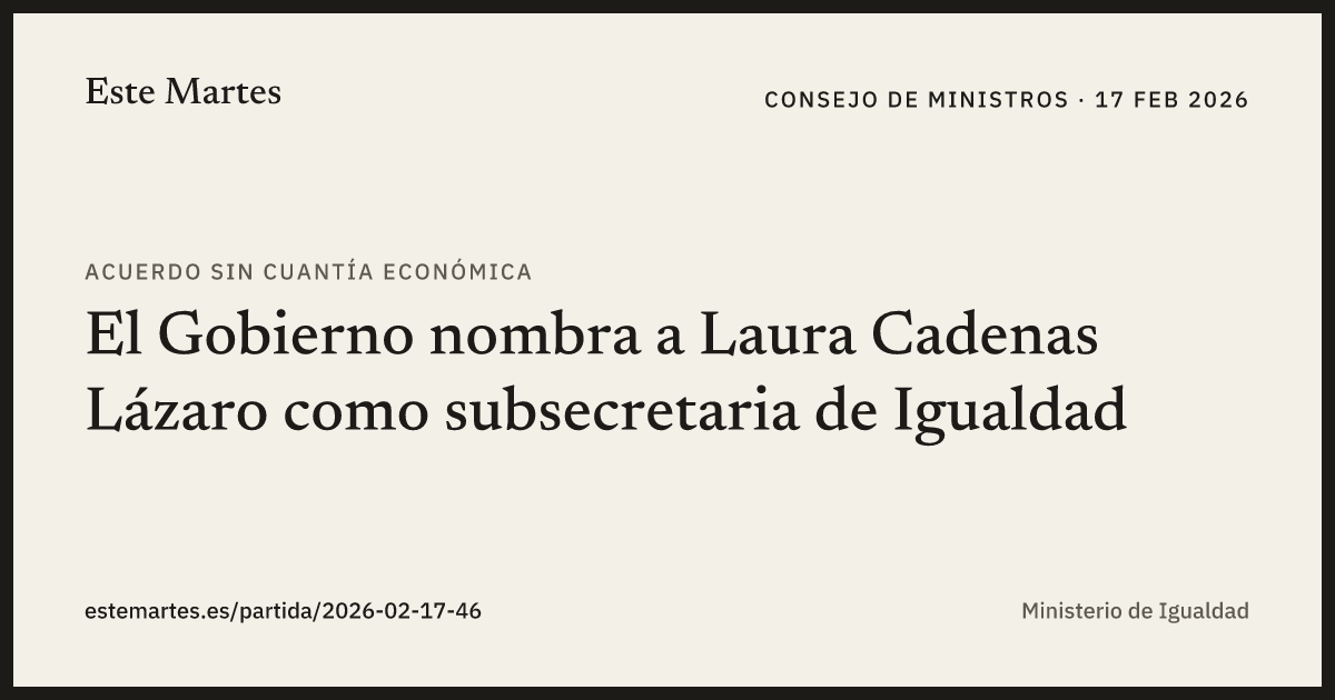 Tarjeta: El Gobierno nombra a Laura Cadenas Lázaro como subsecretaria de Igualdad