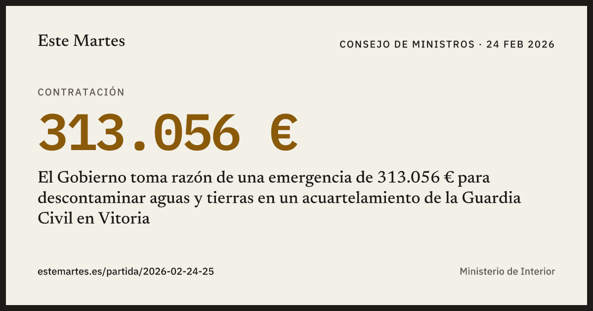 Tarjeta: El Gobierno toma razón de una emergencia de 313.056 € para descontaminar aguas y tierras en un acuartelamiento de la Guardia Civil en Vitoria
