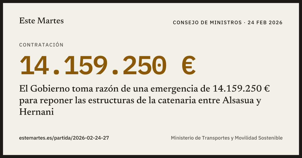 Tarjeta: El Gobierno toma razón de una emergencia de 14.159.250 € para reponer las estructuras de la catenaria entre Alsasua y Hernani
