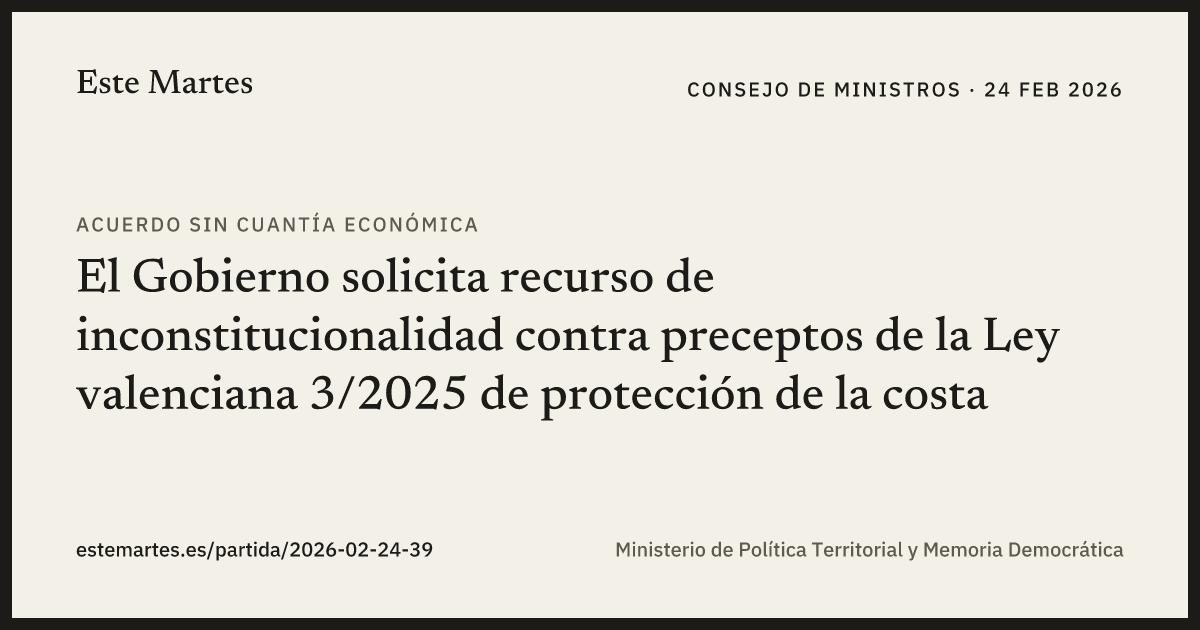 Tarjeta: El Gobierno solicita recurso de inconstitucionalidad contra preceptos de la Ley valenciana 3/2025 de protección de la costa