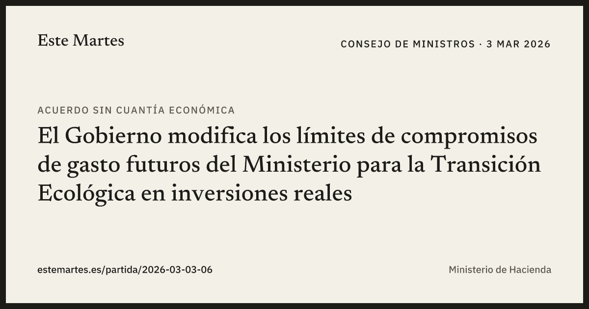 Tarjeta: El Gobierno modifica los límites de compromisos de gasto futuros del Ministerio para la Transición Ecológica en inversiones reales