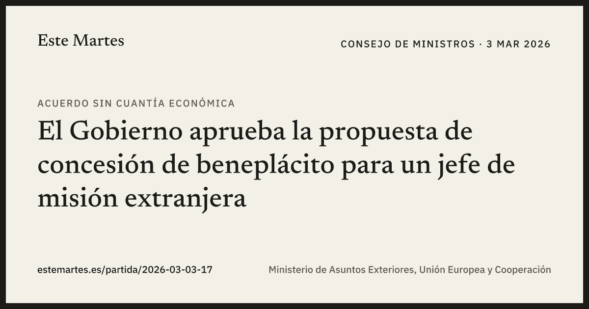 Tarjeta: El Gobierno aprueba la propuesta de concesión de beneplácito para un jefe de misión extranjera