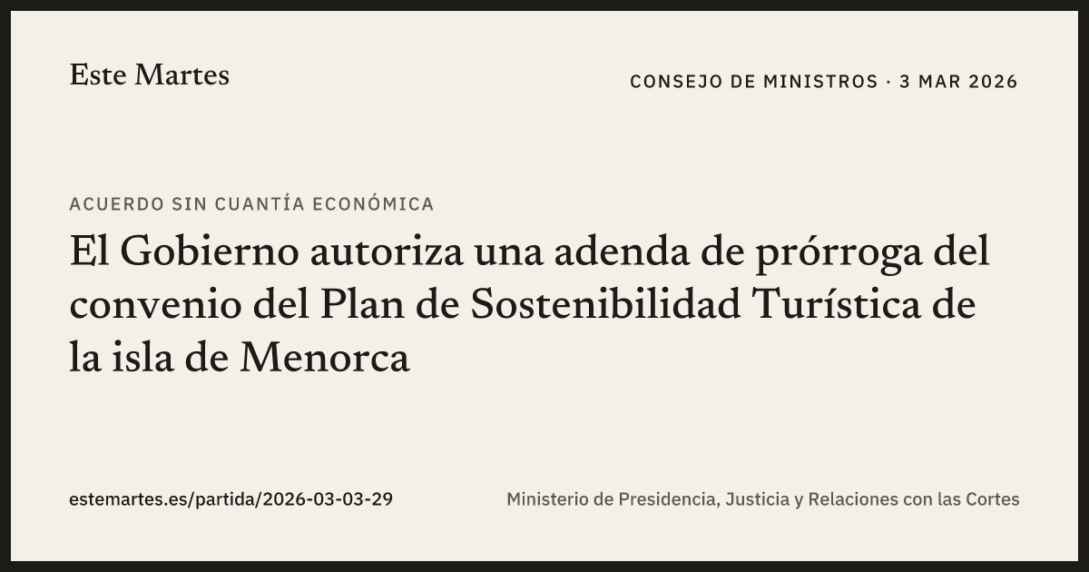 Tarjeta: El Gobierno autoriza una adenda de prórroga del convenio del Plan de Sostenibilidad Turística de la isla de Menorca