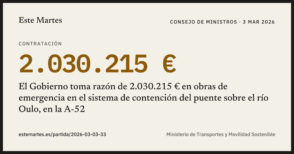 Tarjeta: El Gobierno toma razón de 2.030.215 € en obras de emergencia en el sistema de contención del puente sobre el río Oulo, en la A-52