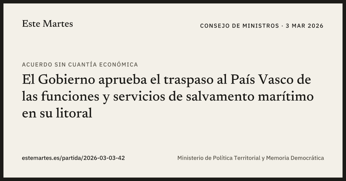 Tarjeta: El Gobierno aprueba el traspaso al País Vasco de las funciones y servicios de salvamento marítimo en su litoral