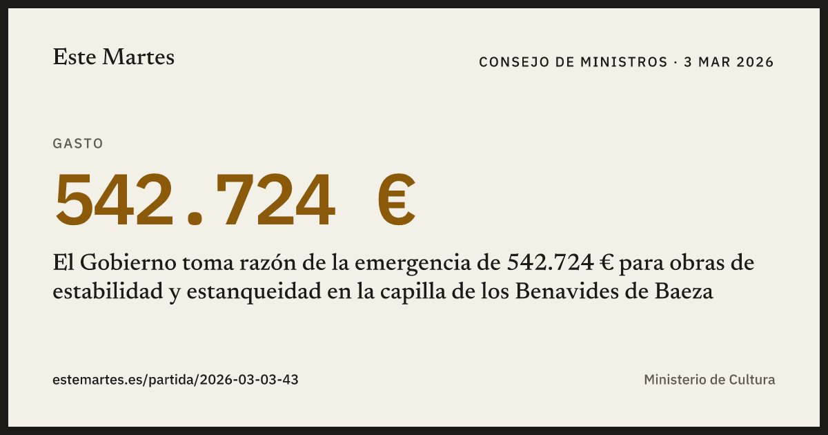 Tarjeta: El Gobierno toma razón de la emergencia de 542.724 € para obras de estabilidad y estanqueidad en la capilla de los Benavides de Baeza