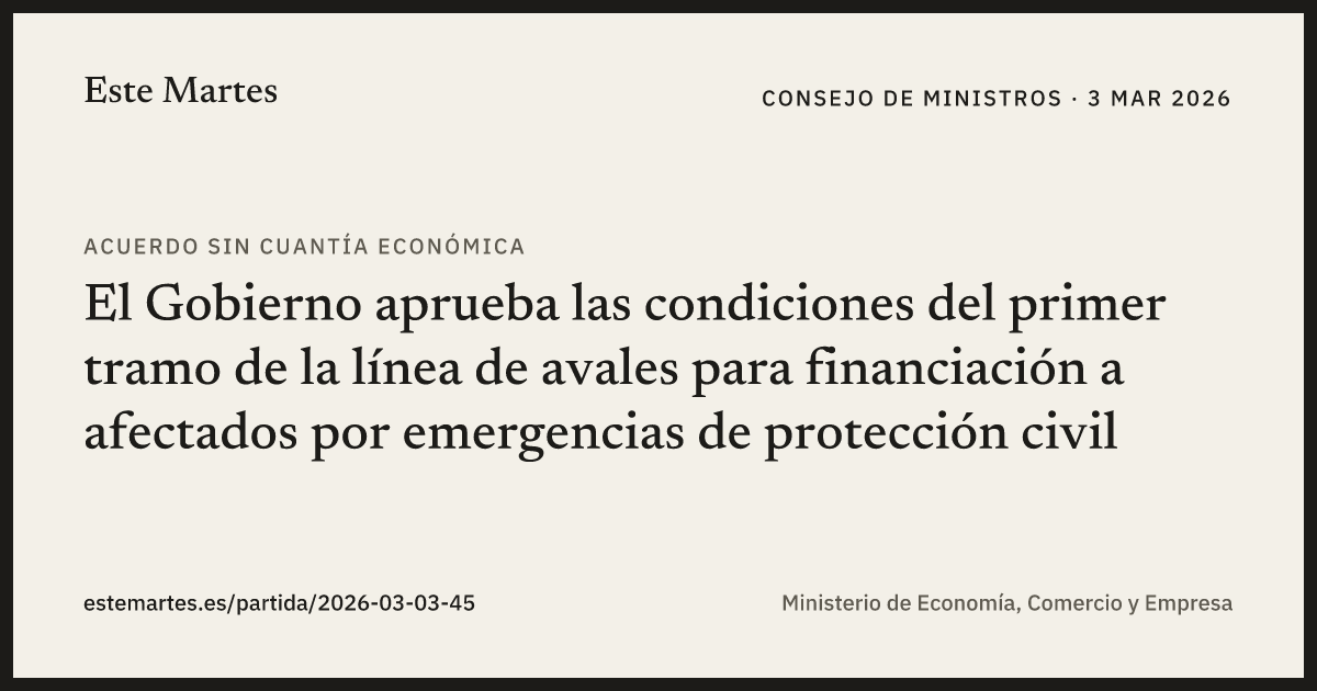 Tarjeta: El Gobierno aprueba las condiciones del primer tramo de la línea de avales para financiación a afectados por emergencias de protección civil