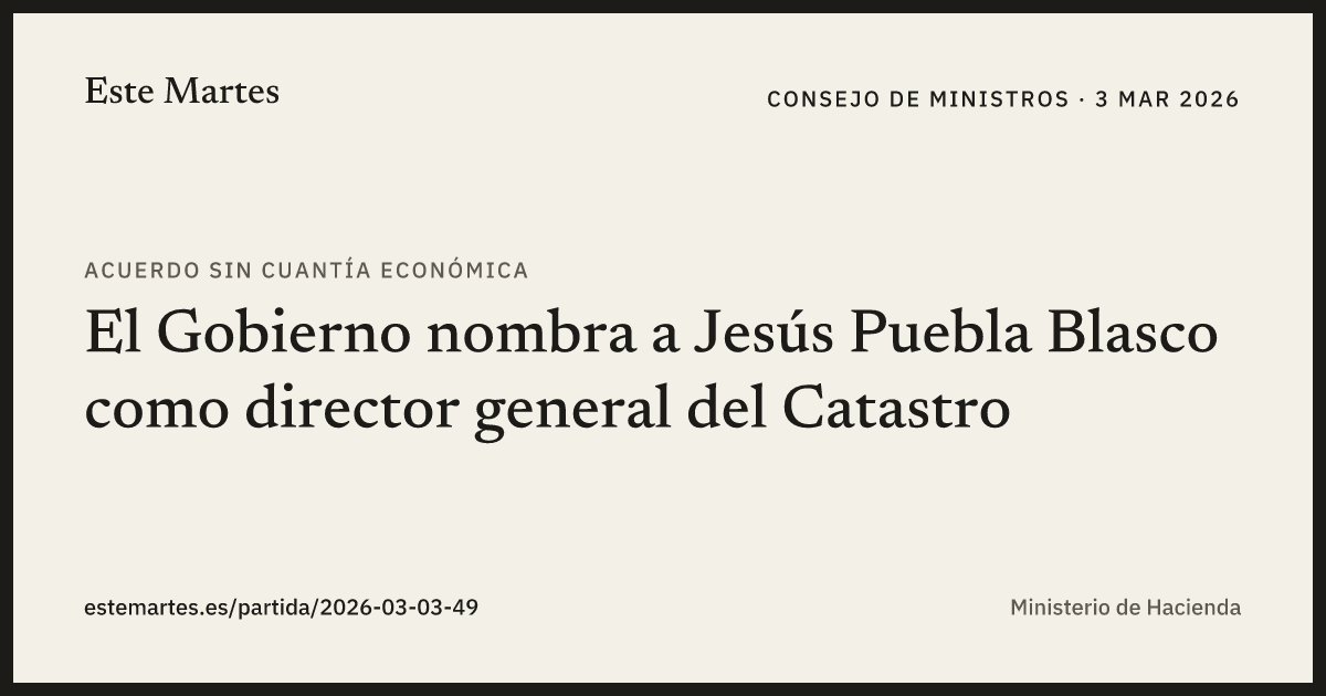 Tarjeta: El Gobierno nombra a Jesús Puebla Blasco como director general del Catastro
