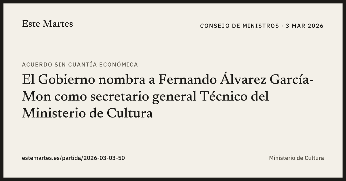 Tarjeta: El Gobierno nombra a Fernando Álvarez García-Mon como secretario general Técnico del Ministerio de Cultura
