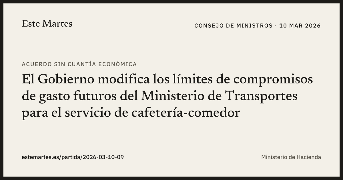 Tarjeta: El Gobierno modifica los límites de compromisos de gasto futuros del Ministerio de Transportes para el servicio de cafetería-comedor