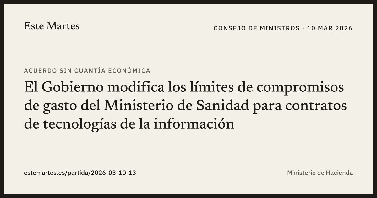 Tarjeta: El Gobierno modifica los límites de compromisos de gasto del Ministerio de Sanidad para contratos de tecnologías de la información