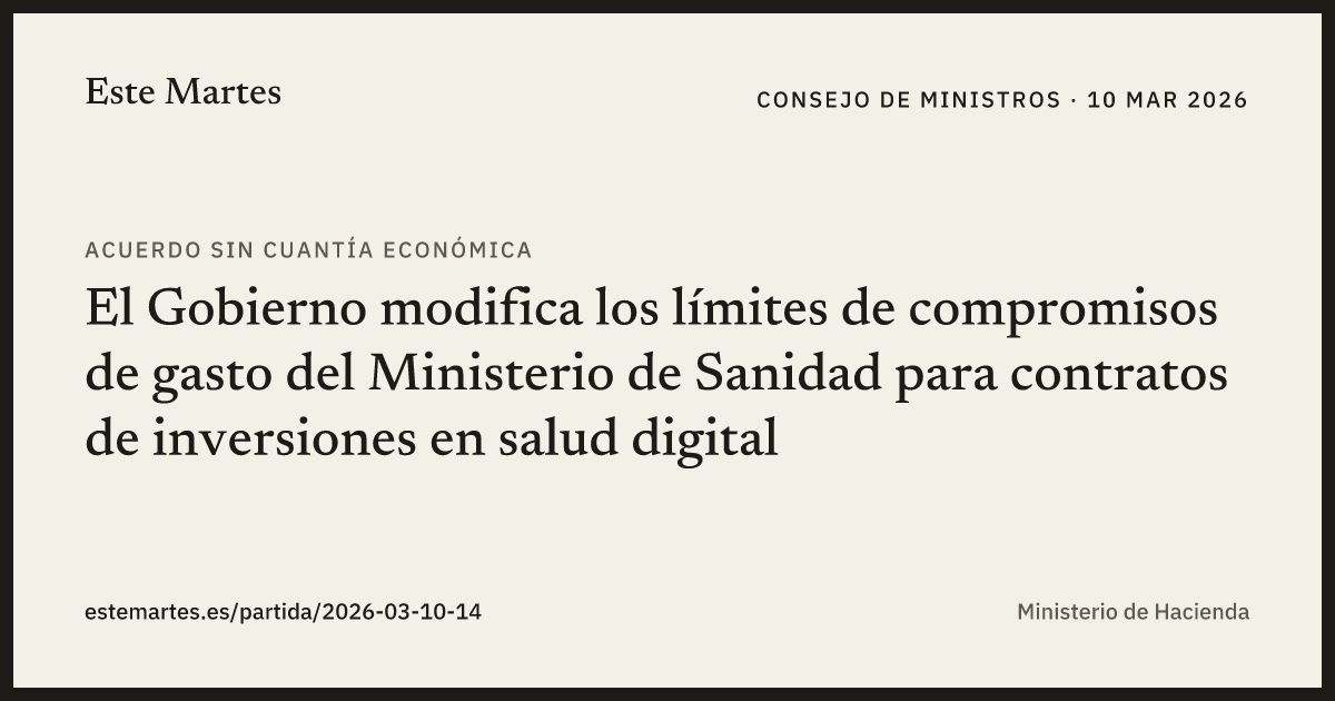 Tarjeta: El Gobierno modifica los límites de compromisos de gasto del Ministerio de Sanidad para contratos de inversiones en salud digital