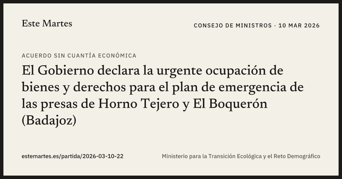 Tarjeta: El Gobierno declara la urgente ocupación de bienes y derechos para el plan de emergencia de las presas de Horno Tejero y El Boquerón (Badajoz)