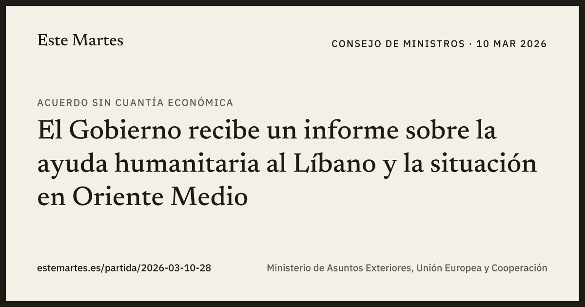 Tarjeta: El Gobierno recibe un informe sobre la ayuda humanitaria al Líbano y la situación en Oriente Medio