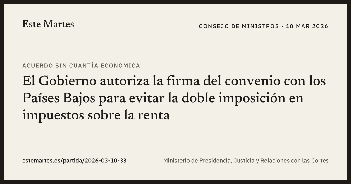 Tarjeta: El Gobierno autoriza la firma del convenio con los Países Bajos para evitar la doble imposición en impuestos sobre la renta