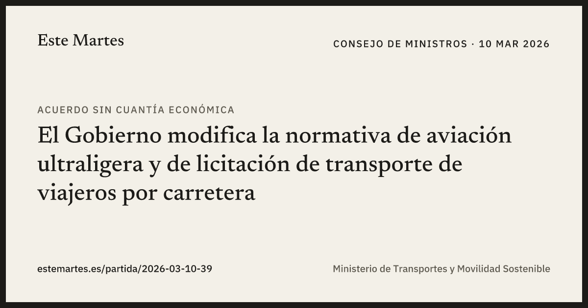 Tarjeta: El Gobierno modifica la normativa de aviación ultraligera y de licitación de transporte de viajeros por carretera