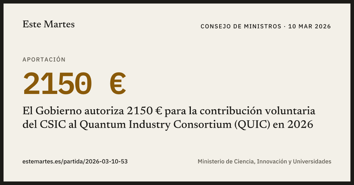 Tarjeta: El Gobierno autoriza 2150 € para la contribución voluntaria del CSIC al Quantum Industry Consortium (QUIC) en 2026